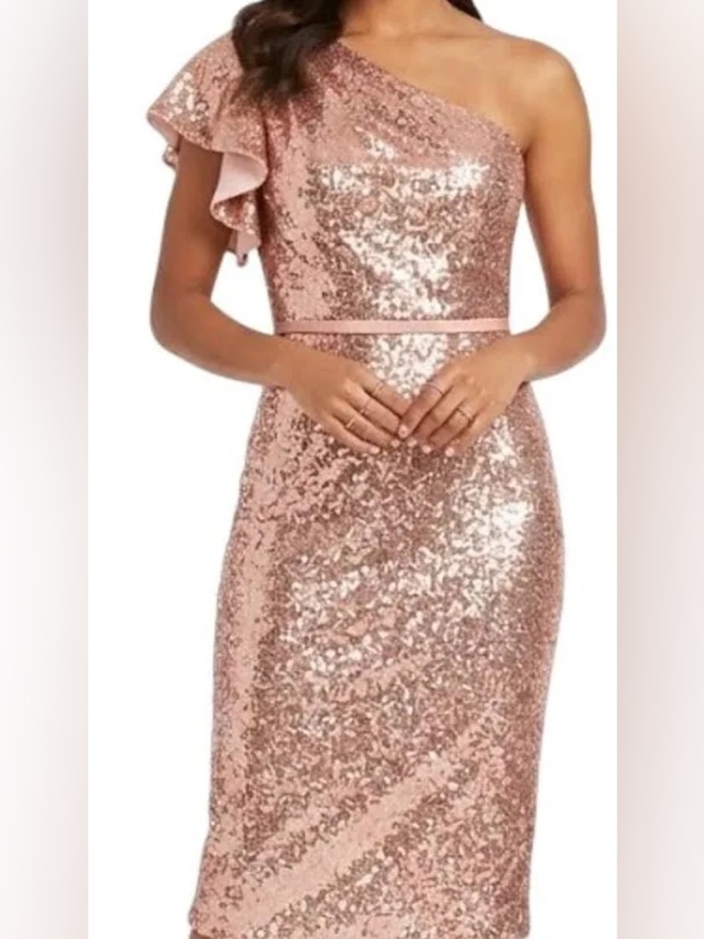 Sequined Flutter One Shoulder Fitted Midi Dress $398
